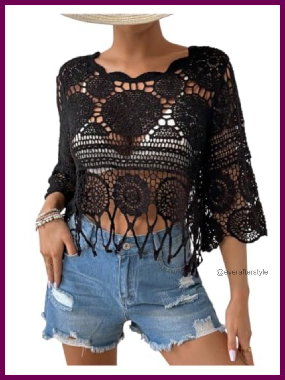 Women's Crochet Fringe Beach Swimsuit Cover Up Top 3/4 Sleeve